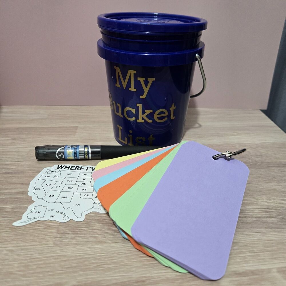 My Bucket List Kit - Hand-Crafted Mini Bucket Gift Set - USA Sticker & Cards Blu